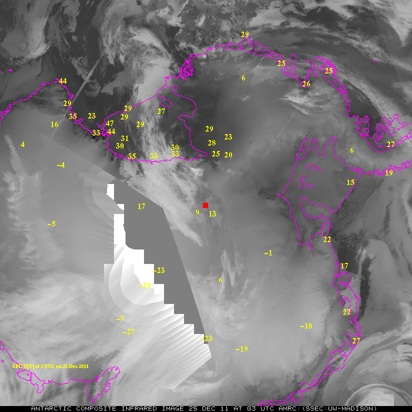 Secuencia de mosaico de imágenes infrarrojas junto a la temperatura en superficie en ºF, para el 24 y 25 de diciembre de 2011. Fuente Universidad de Wisconsin.