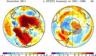 Temperatura superficial global de diciembre de 2011: anomalías