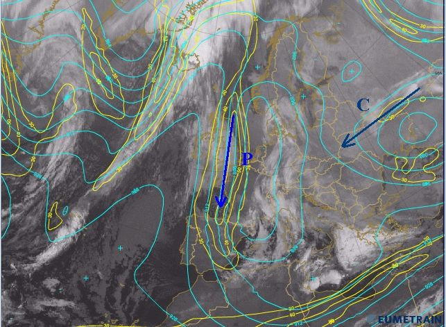 Imagen infrarroja del 29 de enero de 2012 de las 06 UTC Imagen infrarroja del 29 de enero de 2012 de las 06 UTC junto con los campos de geopotencial, cián, e isotacas, amarillo, en 300 hPa. "P" y "C" indican el aire en capas bajas de tipo polar ártico y continental, respectivamente. Solo se usan dentro del contexto de esta figura. Fuente: EUMETRAIN-EUMETSAT