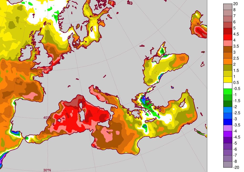 Anomalías de temperatura del agua del mar previstas por el modelo europeo para el 4 de agosto.