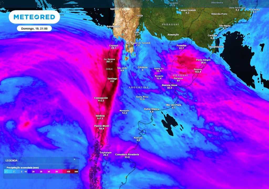 Previsão de acumulados totais até o final do domingo. Previsão de acumulados totais até o final do domingo mostra regiões do Chile que serão mais afetadas pelas chuvas ao longo dos próximos dias, devido à atuação de um Rio Atmosférico.