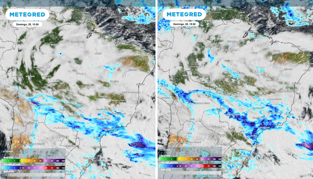 Previsão de chuvas (mm) e nebulosidade (tons cinas/brancos) para o domingo, 25 de outubro, às 10h à esquerda e para às 15h à direita, segundo o modelo europeu ECMWF.