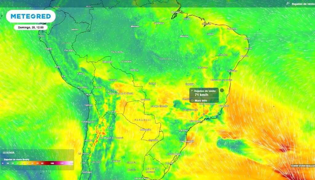 Previsão de rajadas de vento (km/h) para o domingo (25) às 12h, segundo o modelo europeu ECMWF.