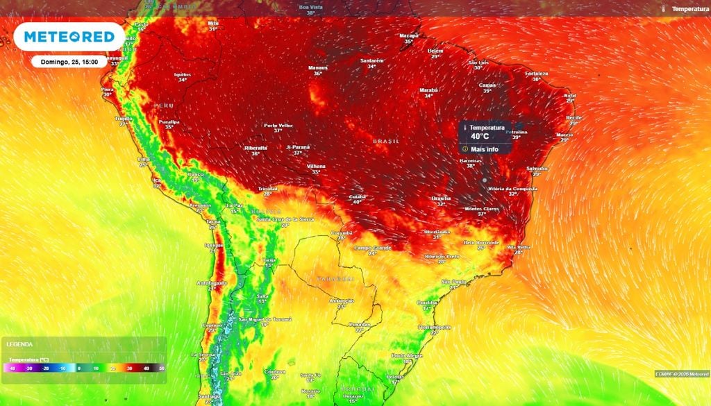 Previsão da temperatura máxima do ar (°C) para o domingo, 25 de outubro, segundo o modelo europeu ECMWF.