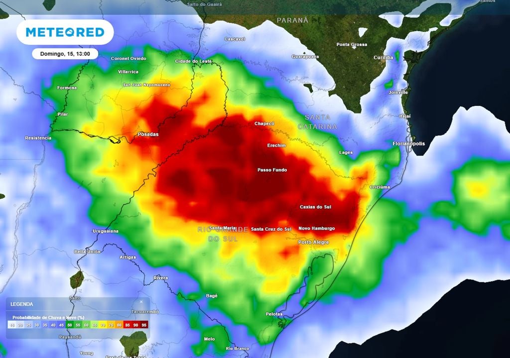 Previsão de probabilidade de chuvas no domingo durante a tarde ilustra que chuvas ainda podem continuar se formando em SS, mas as tempestades mais intensas ocorrerão no RS.