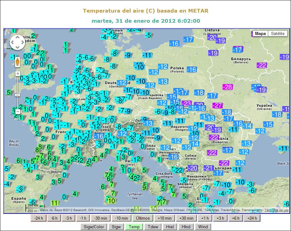 Interfaz que aparece en la página web aludida de Ogimet Interfaz que aparece en la página web aludida de Ogimet cuando se selecciona la Temp, temperatura, del día 31 de enero de 2012 a las 06 UTC, cuando una ola de aire frío de origen ruso-siberiano se ponía en marcha sobre Europa. Fuente: Ogimet