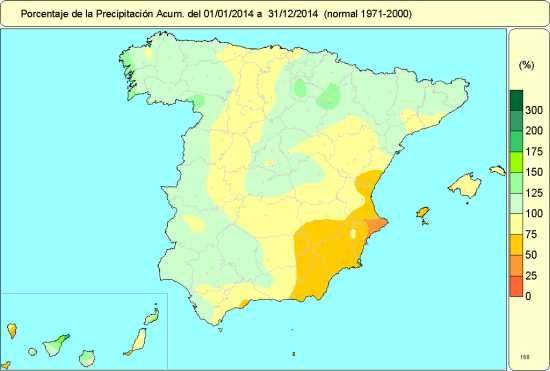 2014, Segundo Año Más Cálido Desde Que Se Tienen Registros Porcentaje de precipitación sobre el valor normal en el año 2014