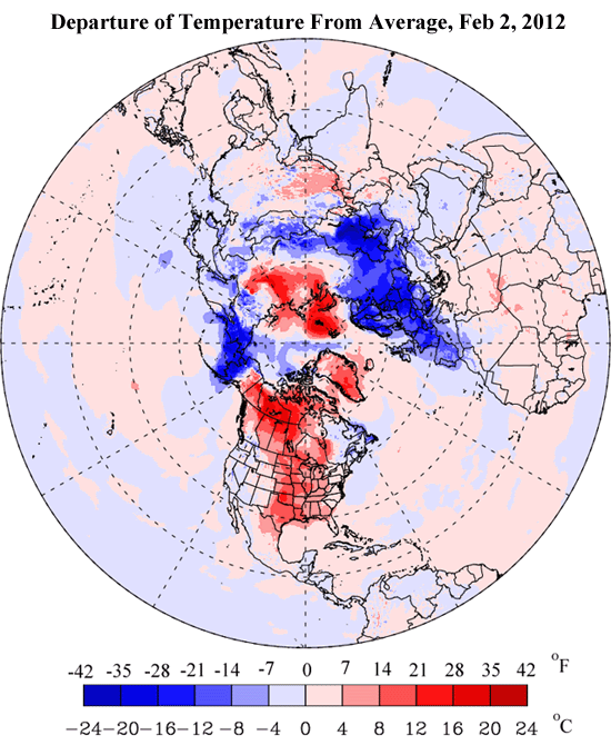 Diferencias de la temperatura respecto al promedio según lo analizado por el modelo americano GFS para el 2 de febrero de 2012. El aire notablemente frío estaba presente sobre Europa y Alaska occidental, mientras que el aire muy cálido estaba sobre el centro de Norteamérica, Canadá y Siberia. Esta imagen está siendo generada experimental por Wunderground, y estará regularmente disponible en la Web en el futuro. Fuente: wunderground.com