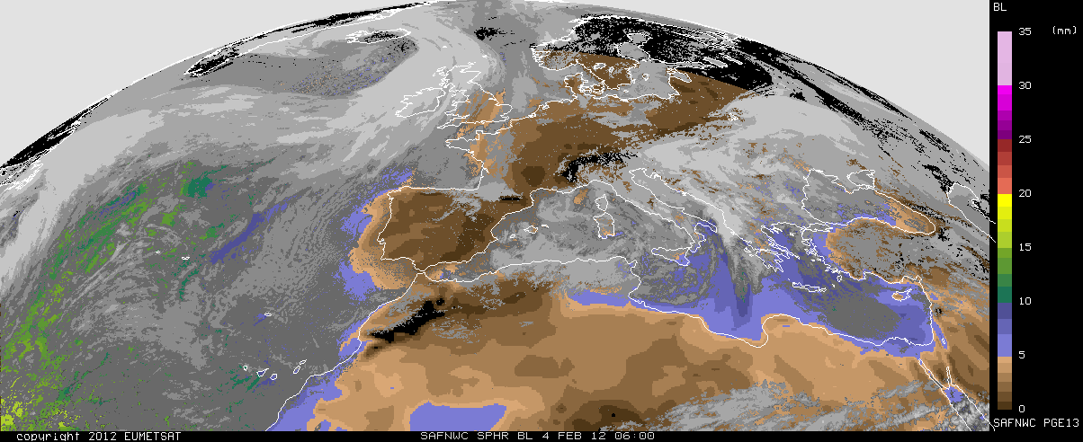 Agua Precipitable, en mm, de niveles bajos. Fuente: AEMET-EUMETSAT Agua Precipitable, en mm, de niveles bajos. Fuente: AEMET-EUMETSAT