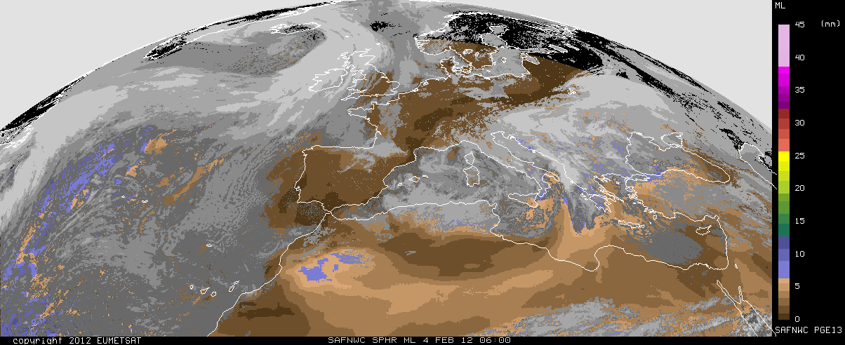 Agua Precipitable, en mm, de niveles medios. Fuente: AEMET-EUMETSAT Agua Precipitable, en mm, de niveles medios. Fuente: AEMET-EUMETSAT