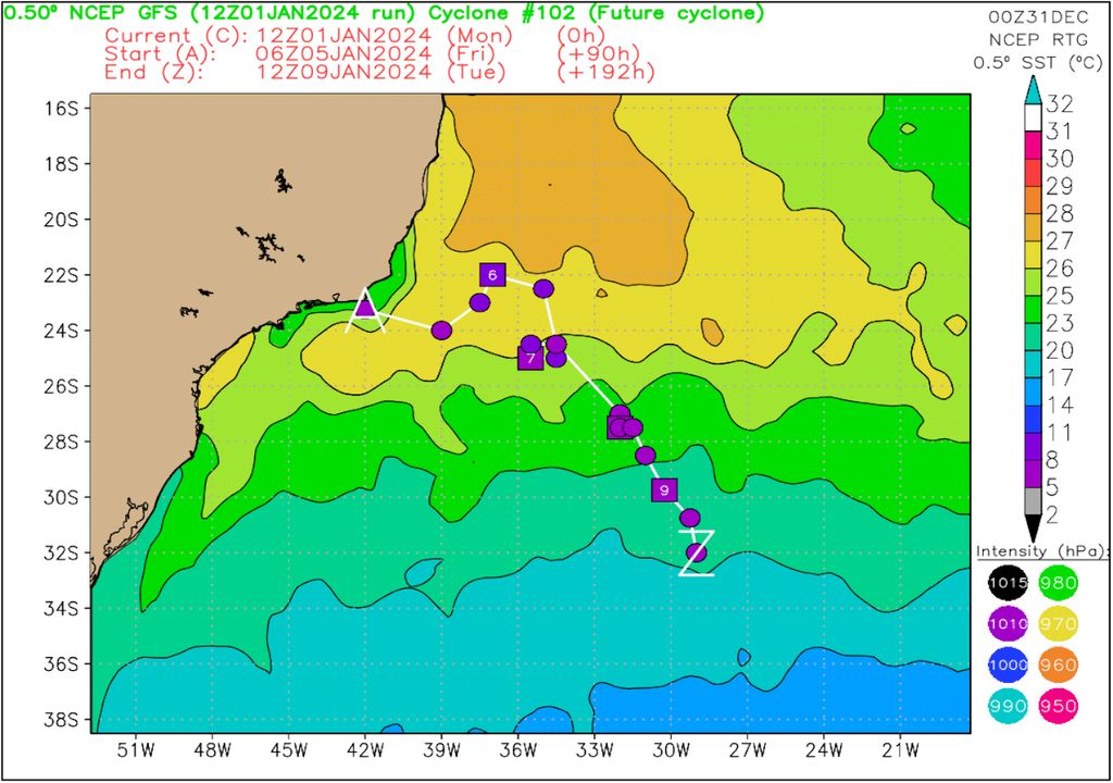 Previsão da trajetória do ciclone, desde o início da sexta-feira (05) até a terça-feira (09).