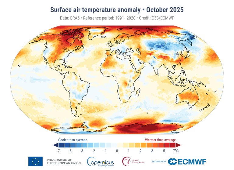 2025 se perfila como uno de los tres años más cálidos y el tercer octubre más cálido jamás registrado, según Copernicus