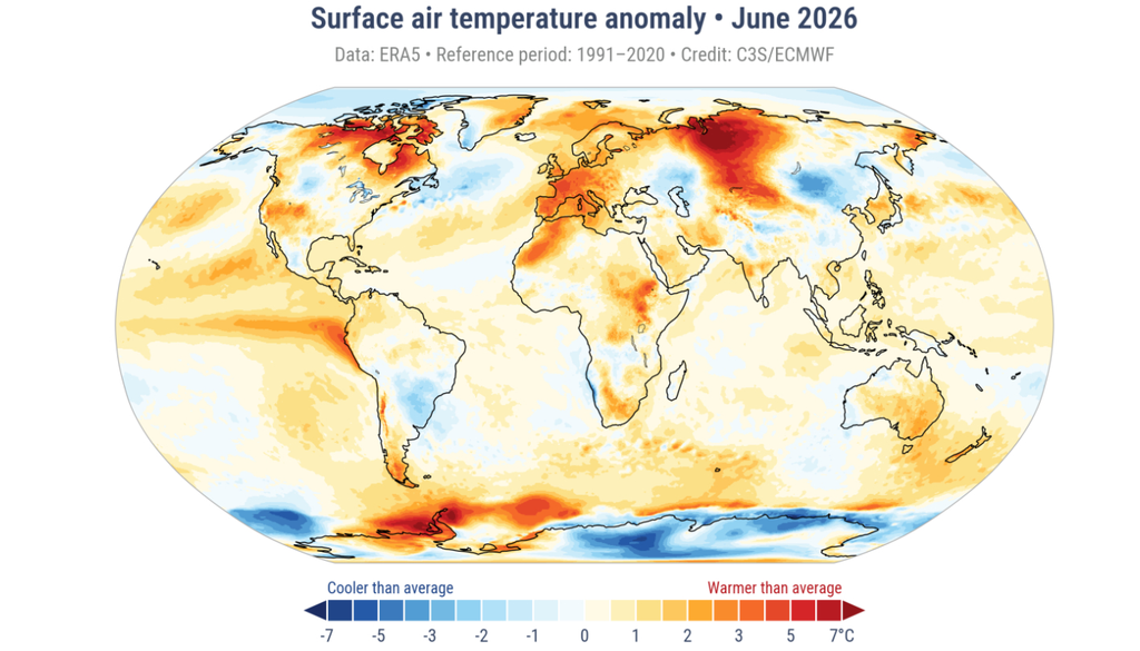 Anomalias de temperatura do ar na superfície em junho de 2026 com base na reanálise ERA5. Créditos: Copernicus. Anomalias de temperatura do ar na superfície em junho de 2026 com base na reanálise ERA5. Créditos: Copernicus.
