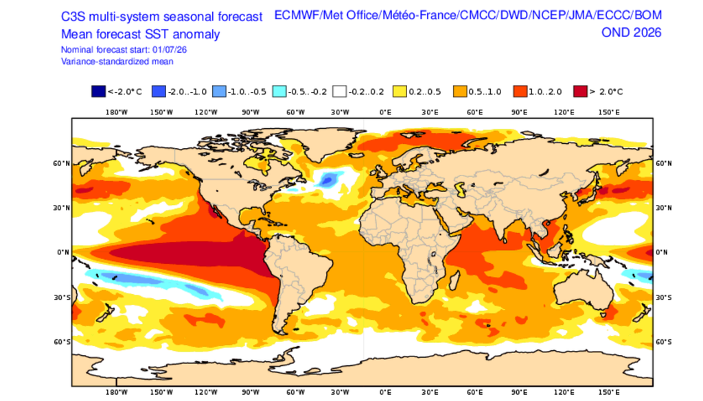 Previsão de anomalia de temperatura da superfície do mar para o trimestre de outubro-dezembro, de acordo com uma média dos principais modelos ao redor do mundo. Créditos: Copernicus. Previsão de anomalia de temperatura da superfície do mar para o trimestre de outubro-dezembro, de acordo com uma média dos principais modelos ao redor do mundo. Créditos: Copernicus.