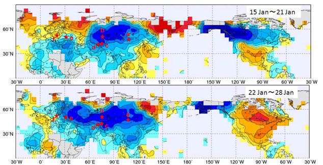 Anomalías de temperatura semanal en el Hemisferio Norte desde el 15 de enero de 2012 (°C), basado en datos synops. Datos de temperatura en: (a) Ulaanbaatar (Mongolia), (b) Astana (Kazakhstan), (c) Bishkek (Kyrgyzstan), (d) Tashkent (Uzbekistan), (e) Kiev (Ucrania) and (f) Varsovia (Polonia) sobre el mapa