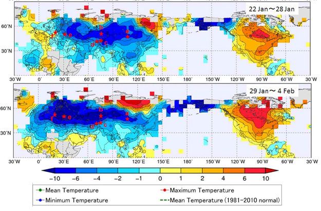 Anomalías de temperatura semanal en el Hemisferio Norte desde el 15 de enero de 2012 (°C), basado en datos synops. Datos de temperatura en: (a) Ulaanbaatar (Mongolia), (b) Astana (Kazakhstan), (c) Bishkek (Kyrgyzstan), (d) Tashkent (Uzbekistan), (e) Kiev (Ucrania) and (f) Varsovia (Polonia) sobre el mapa
