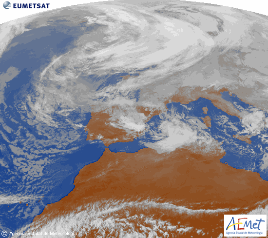 Imagen IR realzada de las 13 UTC del 14 de febrero de 2012 Imagen IR realzada de las 13 UTC del 14 de febrero de 2012. Fuente: AEMET.