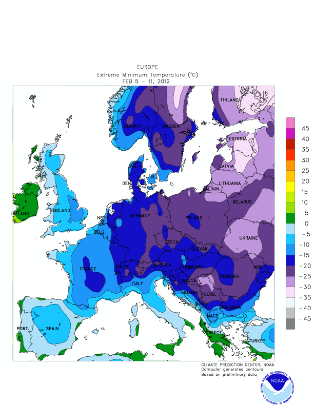 Anomalías térmicas durante la ola de frío europea del 5-11 de febrero de 2012