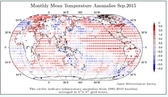Mapa de anomalías térmicas a nivel global para septiembre de 2015
