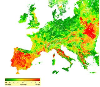 Mapa de anomalía diaria de humedad del suelo de Europa a 22 de febrero de 2012
