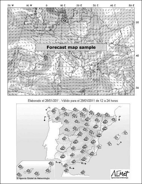 Ejemplo de mapa básico de predicción del 28/01/2011 Ejemplo de mapa básico de predicción del 28/01/2011. Fuente: AEMET