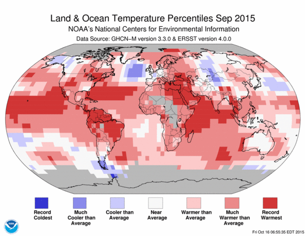 Desviación de la temperatura respecto a la media para septiembre de 2015, el más caluroso de septiembre para el mundo desde el mantenimiento de registros que comenzó en 1880. Crédito de la imagen: National Centers for Environmental Information (NCEI)