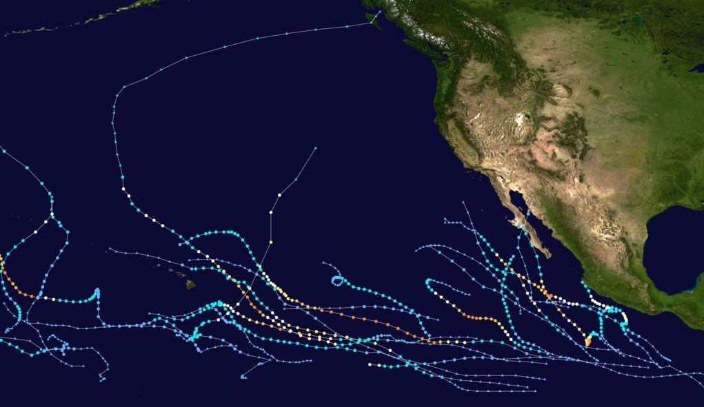 Trayectorias de ciclones en 2015 sobre el Pacífico Norte. Fuente: Cyclonebiskit