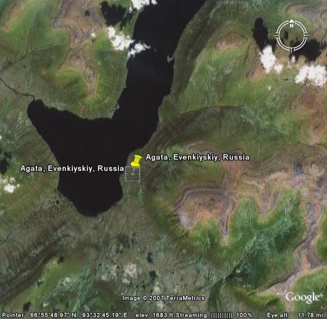 Figura 2. Agata en el mapa de la Rusia asiática, detalle. Fuente: Google-Wikipedia