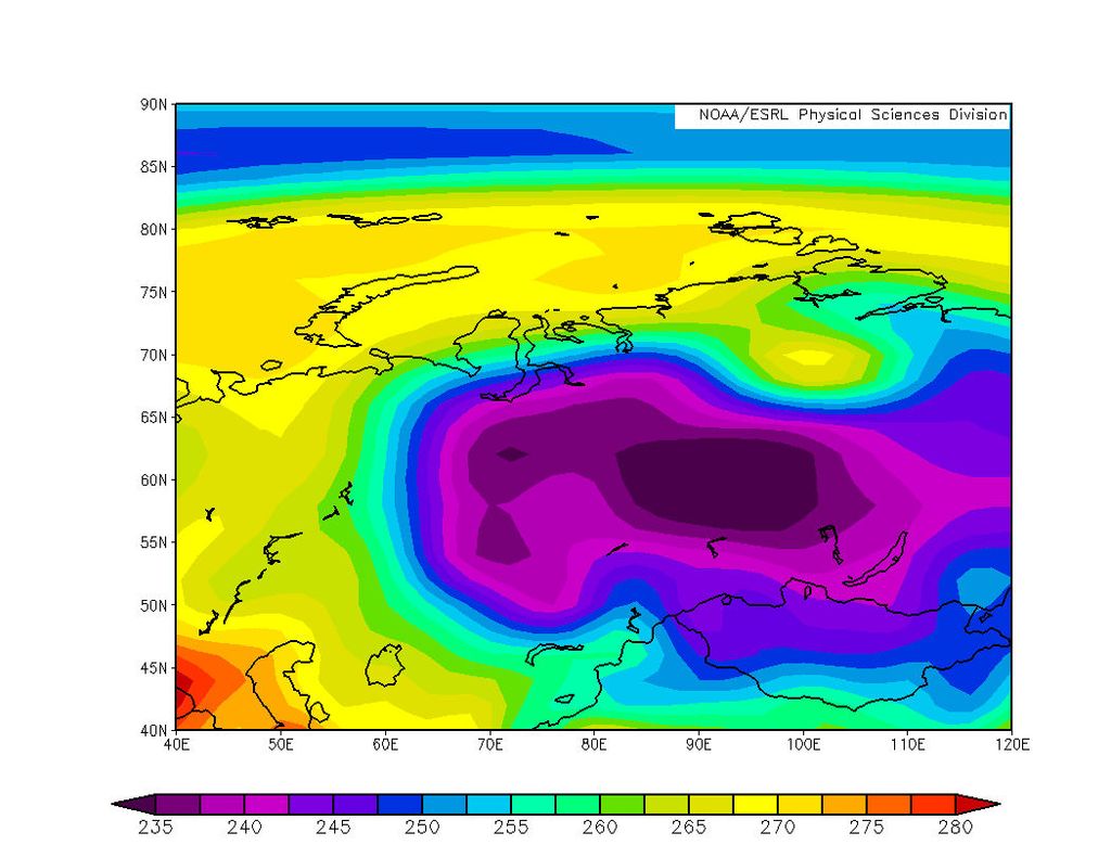 Figura 5. Temperatura superficial media en grados Kelvin, según los datos del reanálisis utilizado. Valores observados de -45º y -50ºC se alcanzaron en la zona. Fuente: NOAA/ESRL