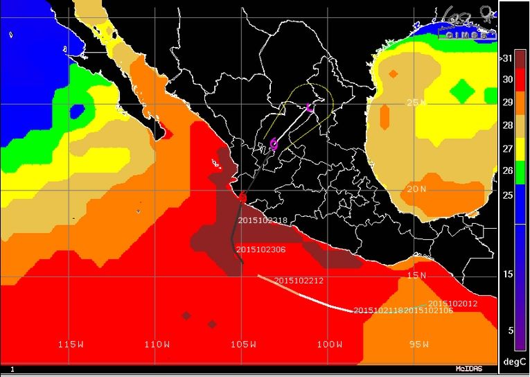 Temperatura del agua del mar por donde pasó Patricia. Fuente: CIMSS