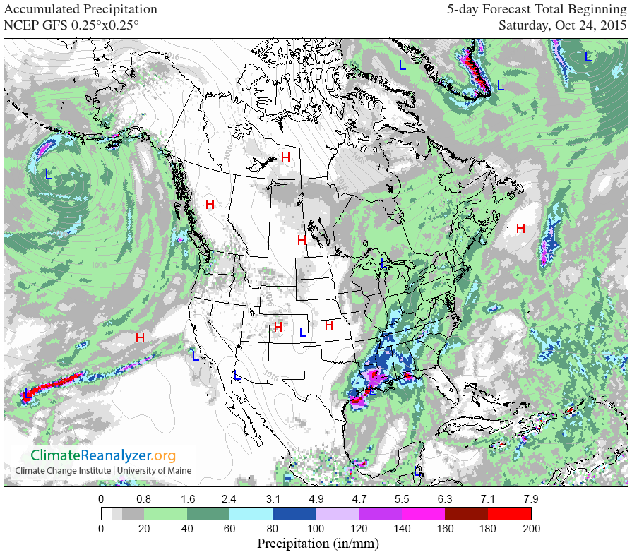 Precipitación acumulada prevista a 5 días vistas por modelo GFS. Fuente: Climate Reanalyzer