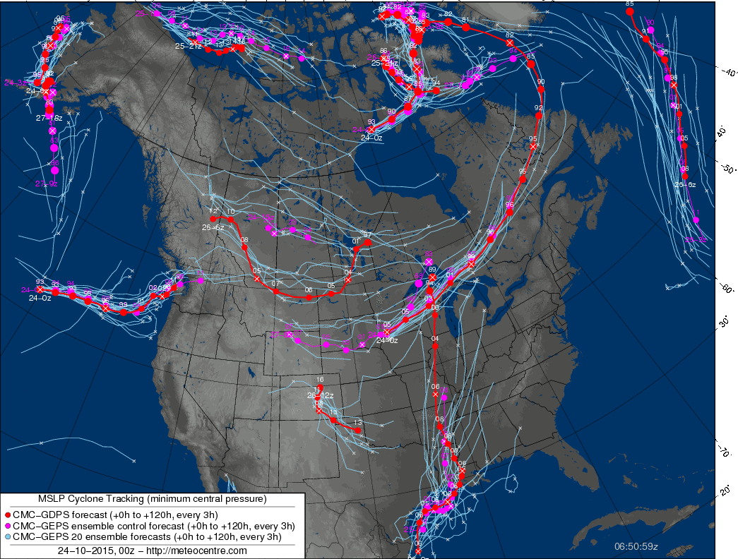 Trayectorias previstas de ciclones en Norte America. Fuente: Meteocentre