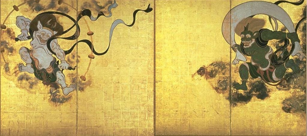 Tawaraya Sotatsu – Dios del viento y dios del trueno. Siglo XVII. Actualmente conservado en el Museo Nacional de Kyoto, Japón. Wikipedia