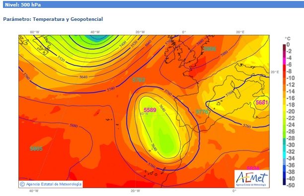 Mapas de altura, 500 hPa el 1 de nov. de 2015 sobre la 06 UTC. Fuente: AEMET