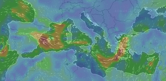 Líneas de corriente en superficie para el 2 de noviembre de 2015 a las 6 UT. "Rizando el rizo" el río de humedad prodría tener un recorrido mediterráneoa aún mayor, desde el otro extremo. Fuente Windyty