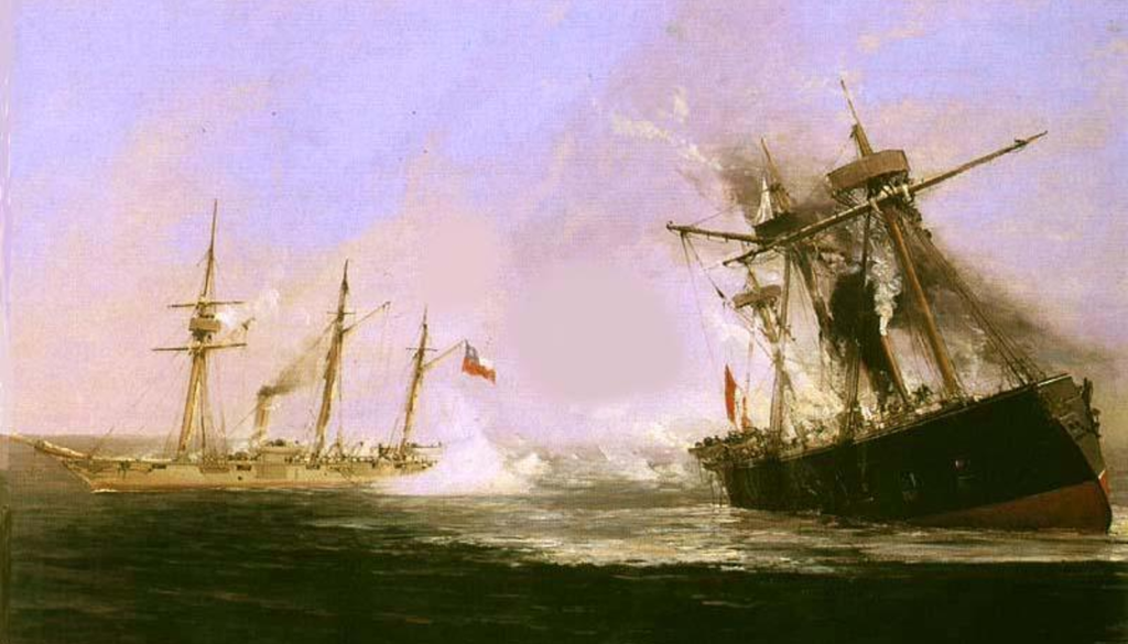 Óleo de Thomas Somerscales que representa el combate de Punta Gruesa, donde la fragata peruana Independencia encalló durante la jornada del 21 de mayo de 1879. Óleo de Thomas Somerscales que representa el combate de Punta Gruesa, donde la fragata peruana Independencia encalló durante la jornada del 21 de mayo de 1879, en paralelo al Combate Naval de Iquique.
