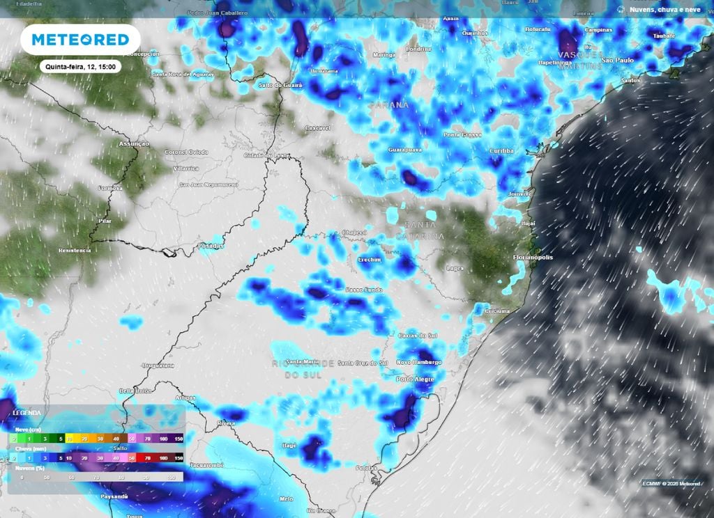 Mapa de chuva prevista para a Região Sul nesta quinta-feira (12).