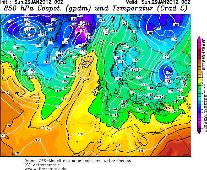Figura 2. Análisis a las 00Z del 29-1-2012 Figura 2. Análisis a las 00Z del 29-1-2012, modelo GFS, Geop y Temp. a 850hPa