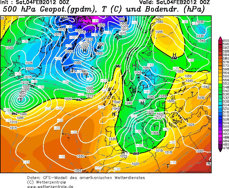 Figura 1. Análisis a les 00Z del 4-2-2012 Figura 1. Análisis a les 00Z del 4-2-2012, modelo GFS, Geop y Temp. a 500hPa + Presión SFC