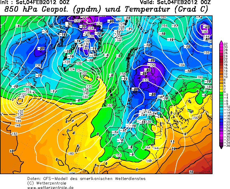 Figura 2. Análisis a les 00Z del 4-2-2012 Figura 2. Análisis a les 00Z del 4-2-2012, modelo GFS, Geop y Temp. a 850hPa