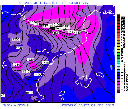 Figura 4. Predicción para las 06Z del 4-2-2012 Figura 4. Predicción para las 06Z del 4-2-2012, modelo MM5, Temp. (º C) y GEOP. a 850hPa.