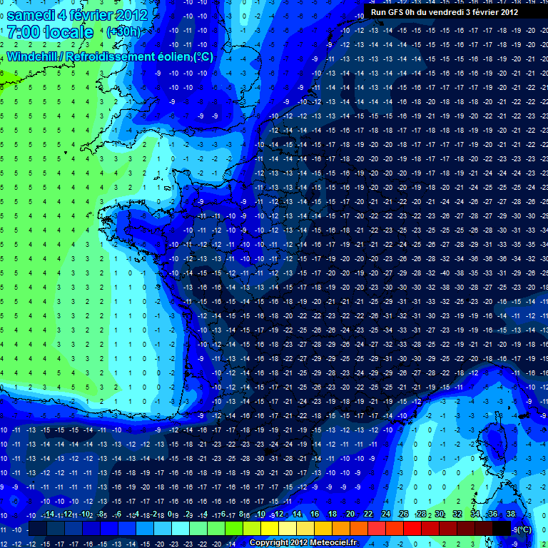 Figura 8. Predicción para las 06Z del 4-2-2012 Figura 8. Predicción para las 06Z del 4-2-2012, modelo GFS, windchill en SFC.