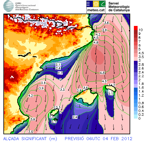 Figura 9. Predicción para las 06Z del 4-2-2012 Figura 9. Predicción para las 06Z del 4-2-2012, modelo WAM, Velocidad (kt 's) y dirección del viento en SFC.