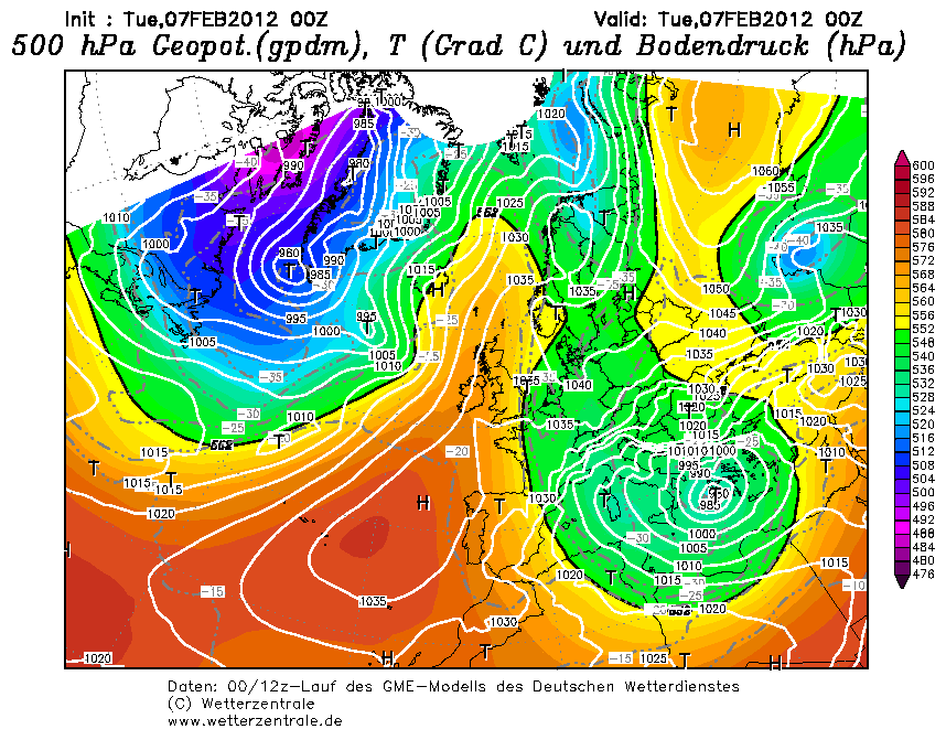 Figura 1. Análisis a las 00Z del 7-2-2012 Figura 1. Análisis a las 00Z del 7-2-2012, modelo DWD, GEOP y Temp. a 500hPa + Presión SFC