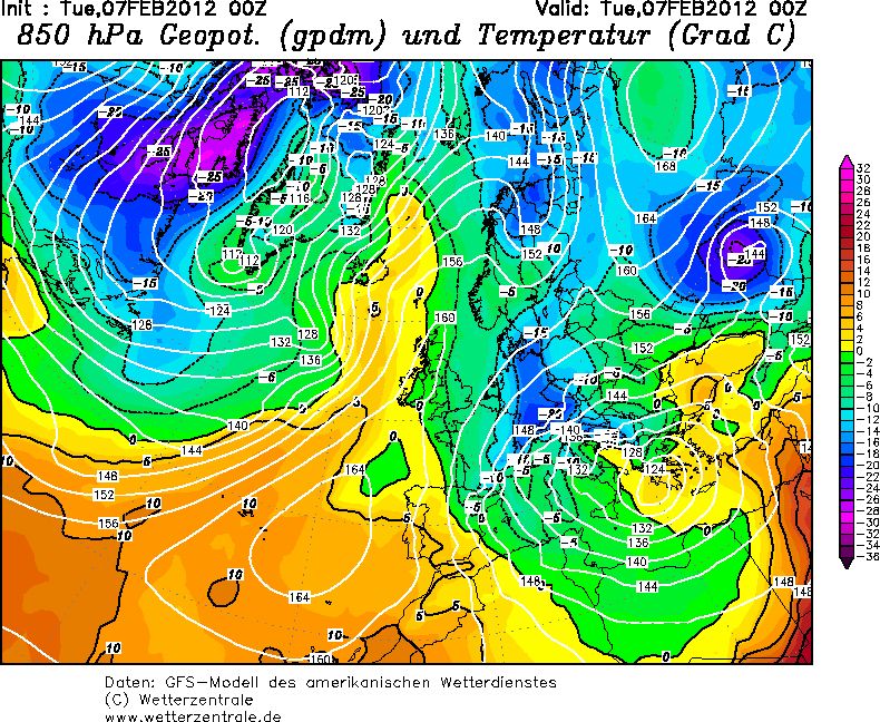 Figura 2. Análisis a las 00Z del 7-2-2012 Figura 2. Análisis a las 00Z del 7-2-2012, modelo GFS, GEOP y Temp. a 850hPa.