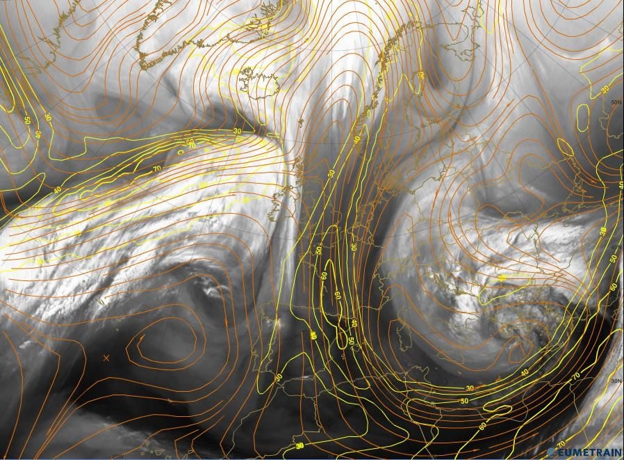 Figura 5. Análisis a las 06Z del 7-2-2012 Figura 5. Análisis a las 06Z del 7-2-2012, líneas de corriente + isotacas a 300hPa encima de imagen de Meteosat en canal WV.
