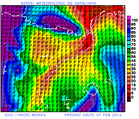 Figura 7. Predicción para las 03Z del 7-2-2012 Figura 7. Predicción para las 03Z del 7-2-2012, modelo WRF, Velocidad del viento (kt) y Humedad relativa (%) a 850hPa.