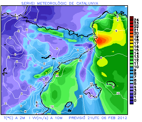 Figura 8. Predicción para las 03Z del 7-2-2012 Figura 8. Predicción para las 03Z del 7-2-2012, modelo MASS, Velocidad y dirección viento en SFC. (kt)