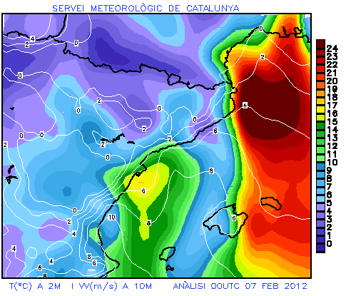 Figura 10. Análisis a las 00Z del 7-2-2012 Figura 10. Análisis a las 00Z del 7-2-2012, modelo WRF, Temp. a 2m + Velocidad del viento (kt) a 10m.