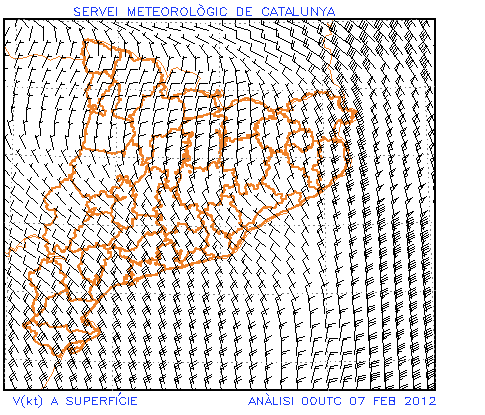 Figura 11. Análisis a las 00Z del 7-2-2012 Figura 11. Análisis a las 00Z del 7-2-2012, Modelo WRF, Velocidad del viento (kt) en SFC.
